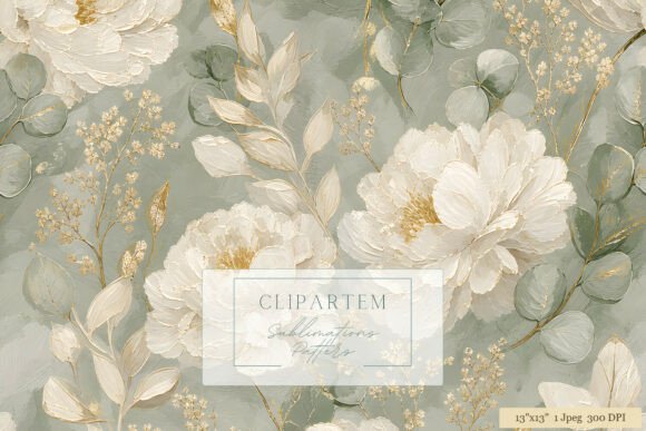Download White Peony Sage Green Gold Pattern - White Collection