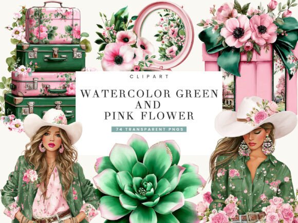 Download Watercolor Green and Pink Flower Clipart - Lower Collection