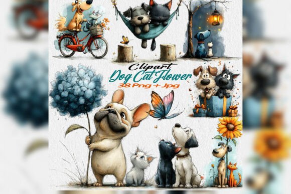Download Whimsical Dog Cat Flower Clipart PNG Set - Lower Collection
