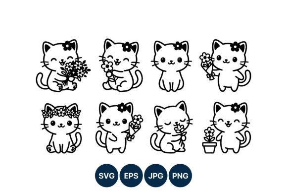 Download Cute Cat Flower Line Art Vector - Lower Collection