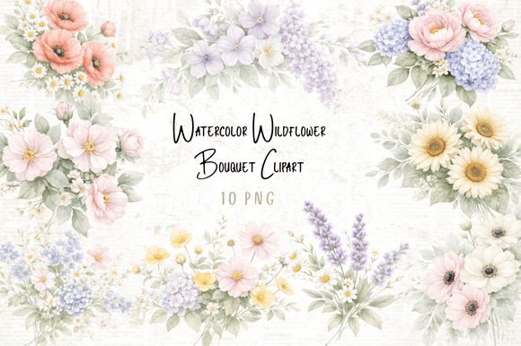 Download Watercolor Wildflower Bouquet Clipart - Lower Collection