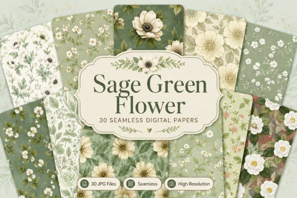 Download Seamless Sage Green Flower Digital Set - Lower Collection