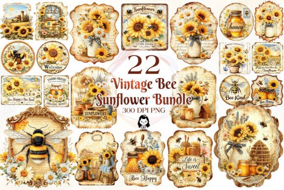 Download Vintage Bee Honey Sunflower Label Bundle - Lower Collection