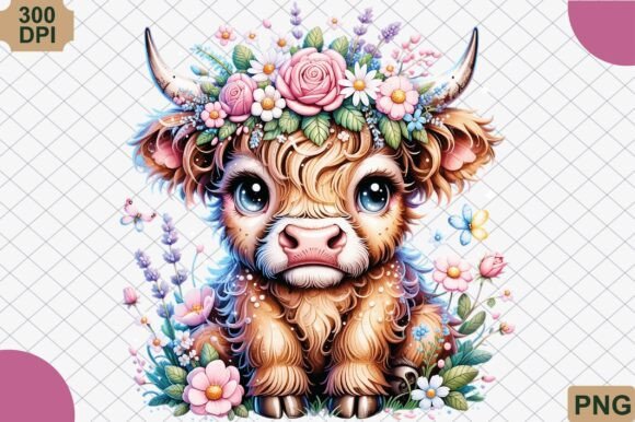 Download Boho Highland Cow and Pink Flowers PNG - Lower Collection
